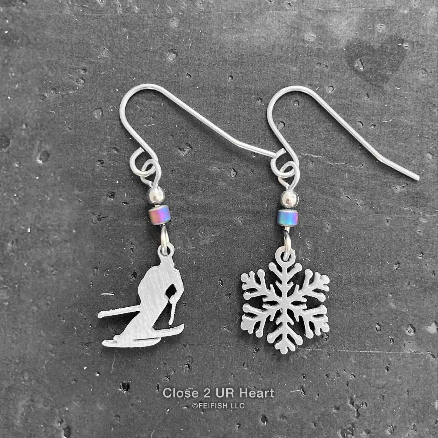 Close 2 Ur Heart - Women's Skier And Snowflake Earrings - Rack Hunt