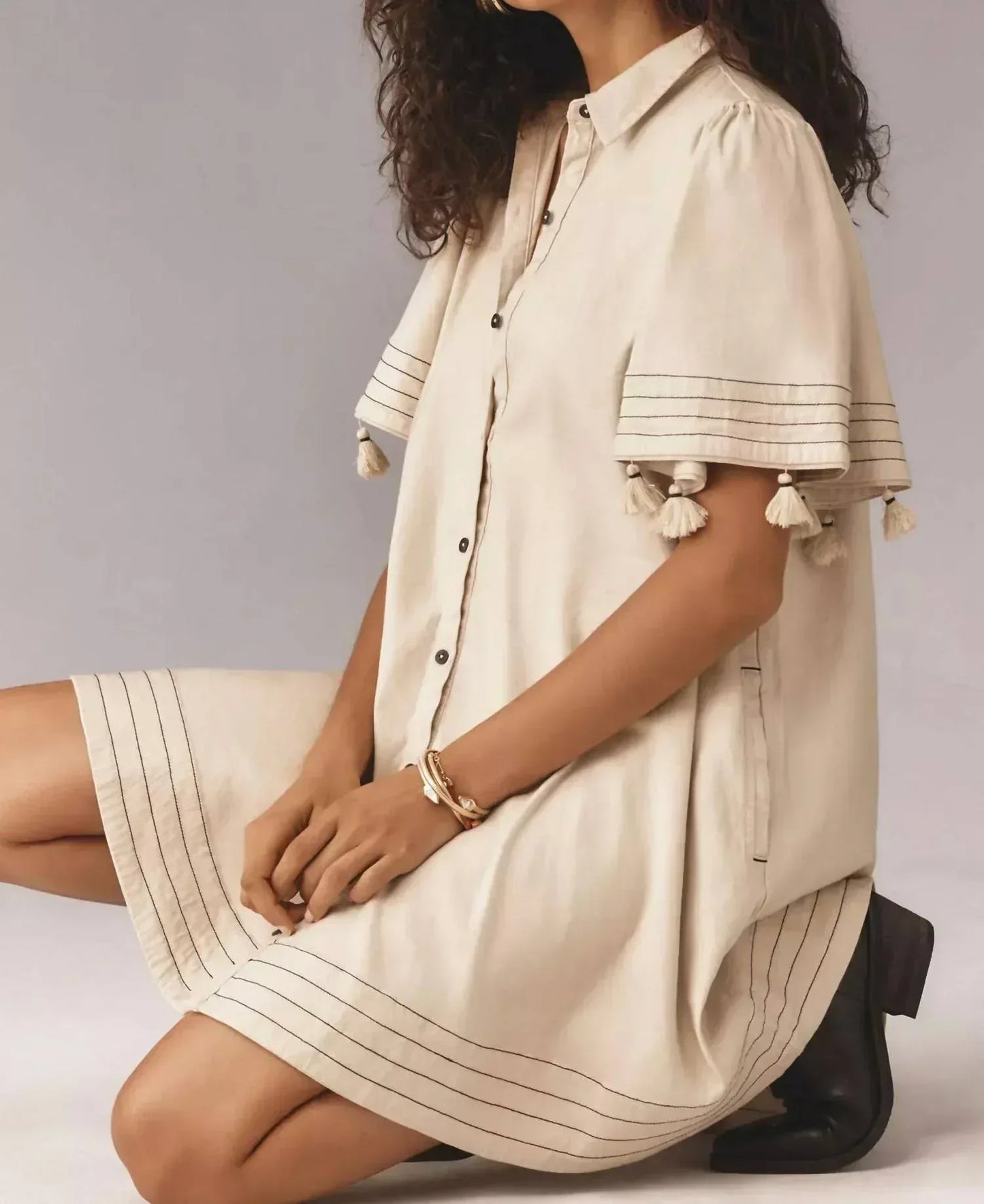 Maeve - Collared Linen Blend Button-front Tassel Mini Dress - Rack Hunt