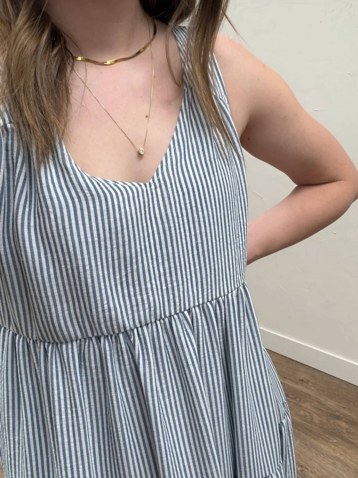 V-neck Sleeveless Tiered Stripe Midi Dress