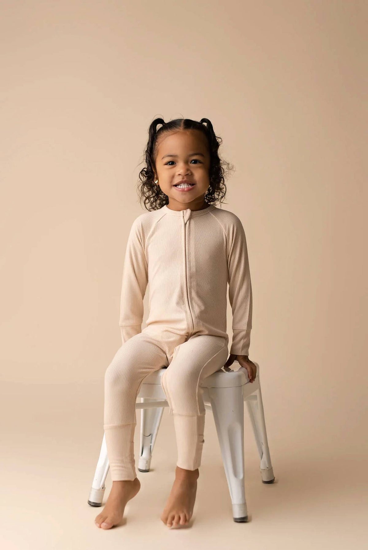 Girls Solid Ribbed Zipper Romper