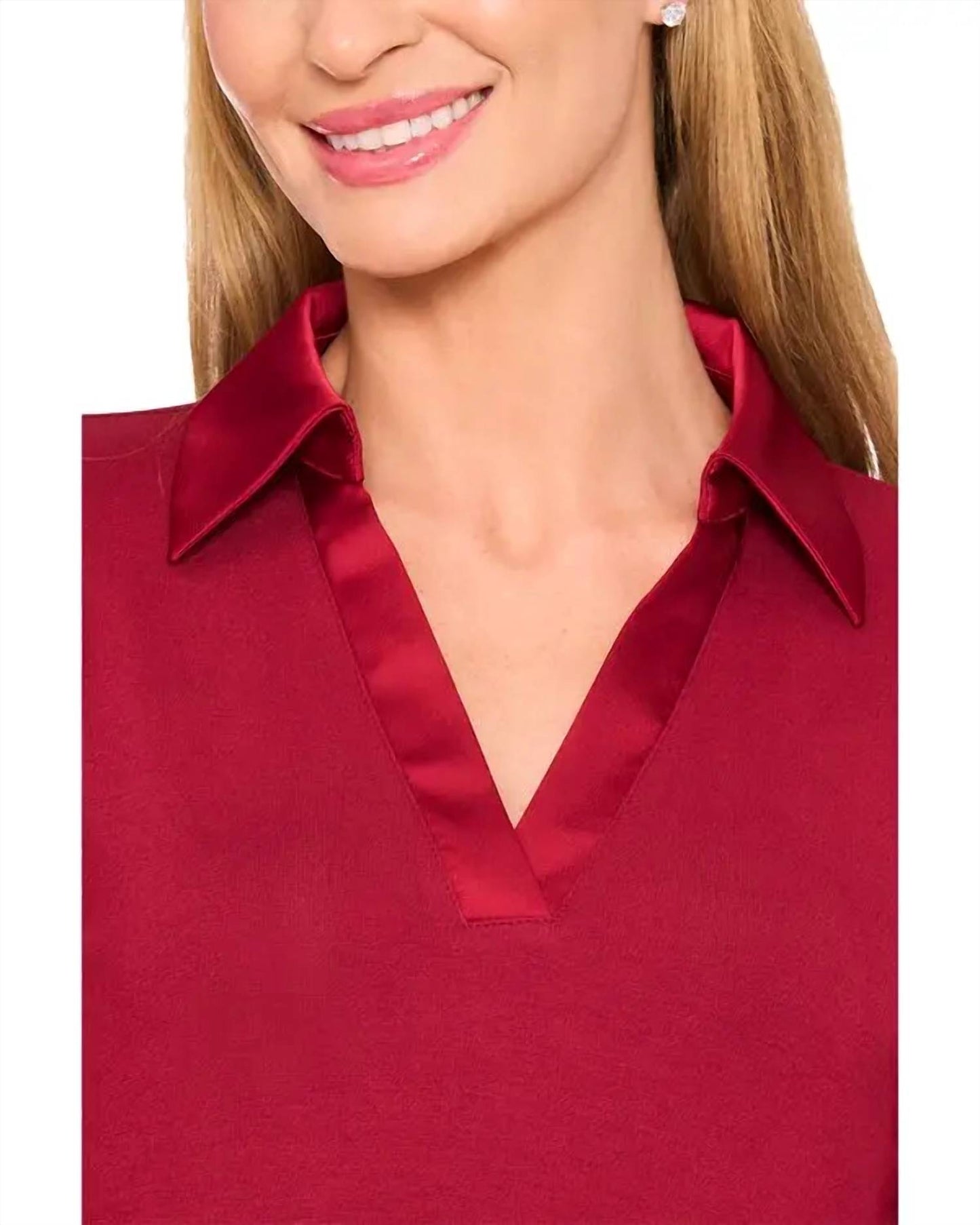 Collared V-neck Long Sleeve Jersey With Satin Detail Top