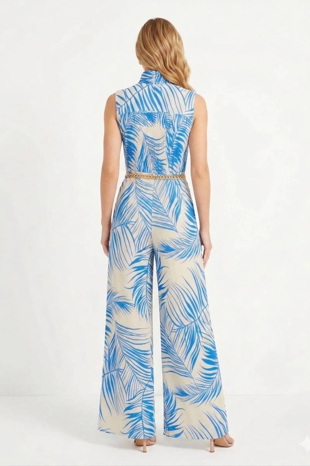 Tropical Palm Pleated Halter Jumpsuit