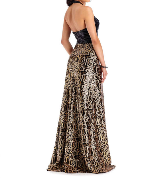 Halter Neck Leopard Print Sequin Evening Gown