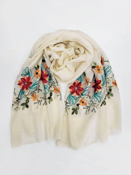 Raj Trading - Women's Pansy Embroidered Sheer Long Rectangle Scarf - Rack Hunt