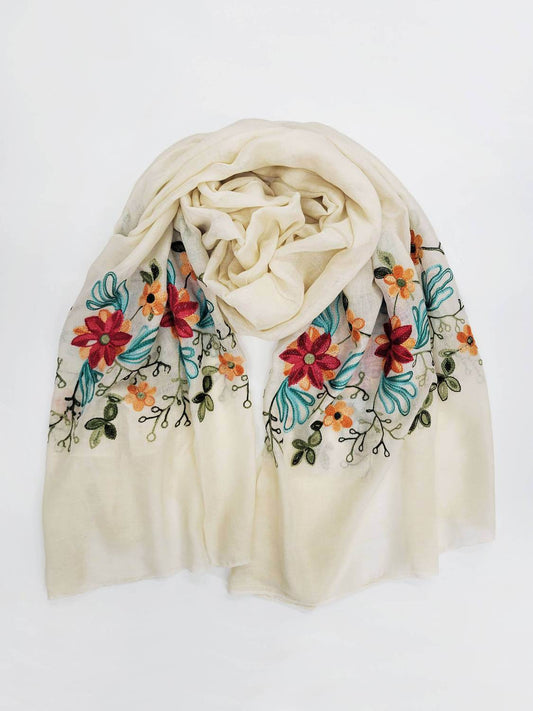 Raj Trading - Women's Pansy Embroidered Sheer Long Rectangle Scarf - Rack Hunt -