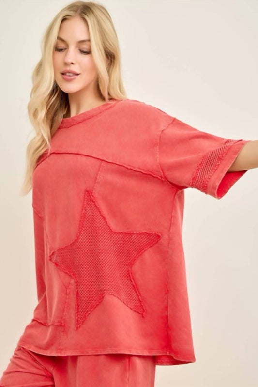 Mineral Washed Mesh Star Patched Top
