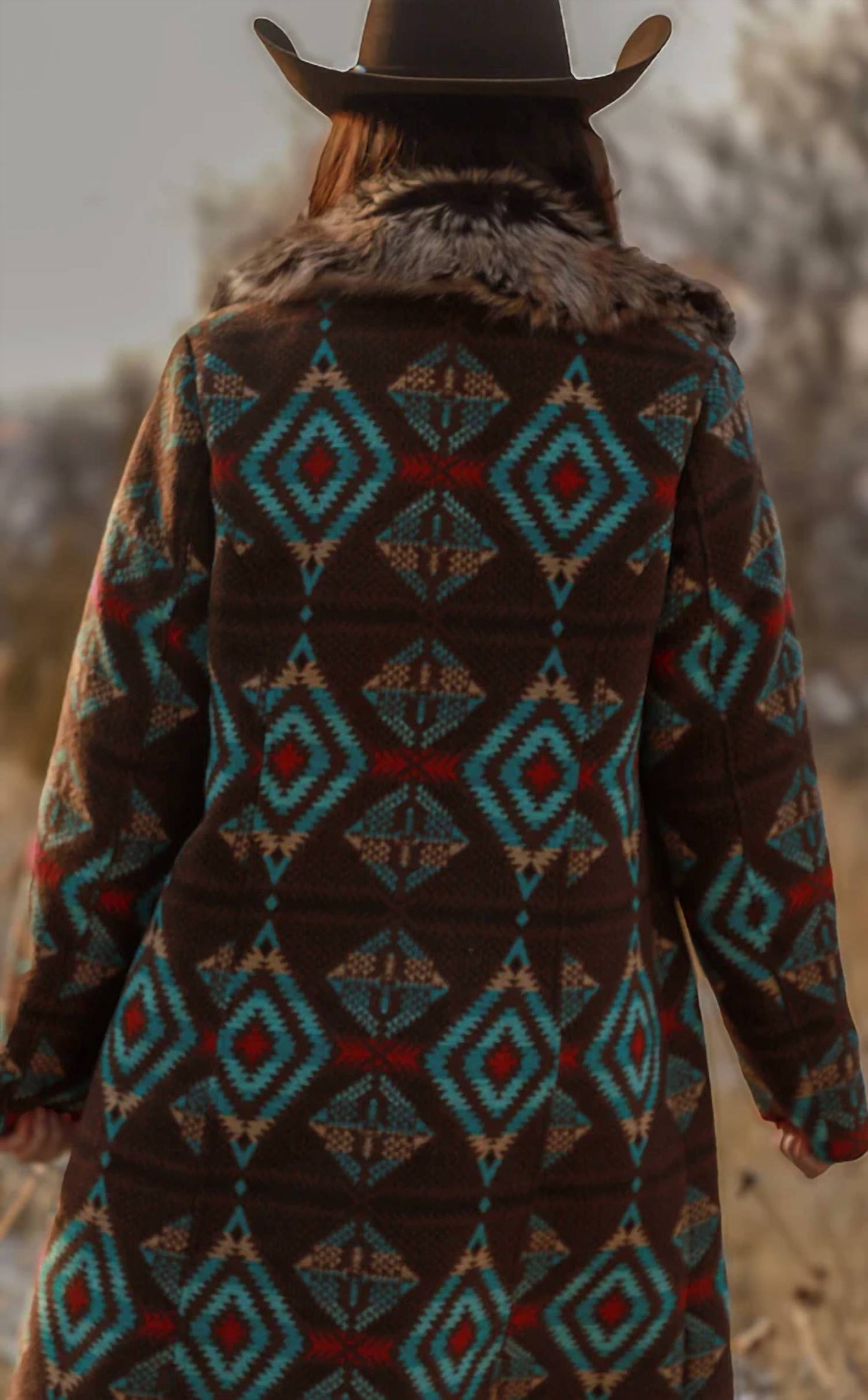 Long Aztec Jacket With Removable Fur Collar