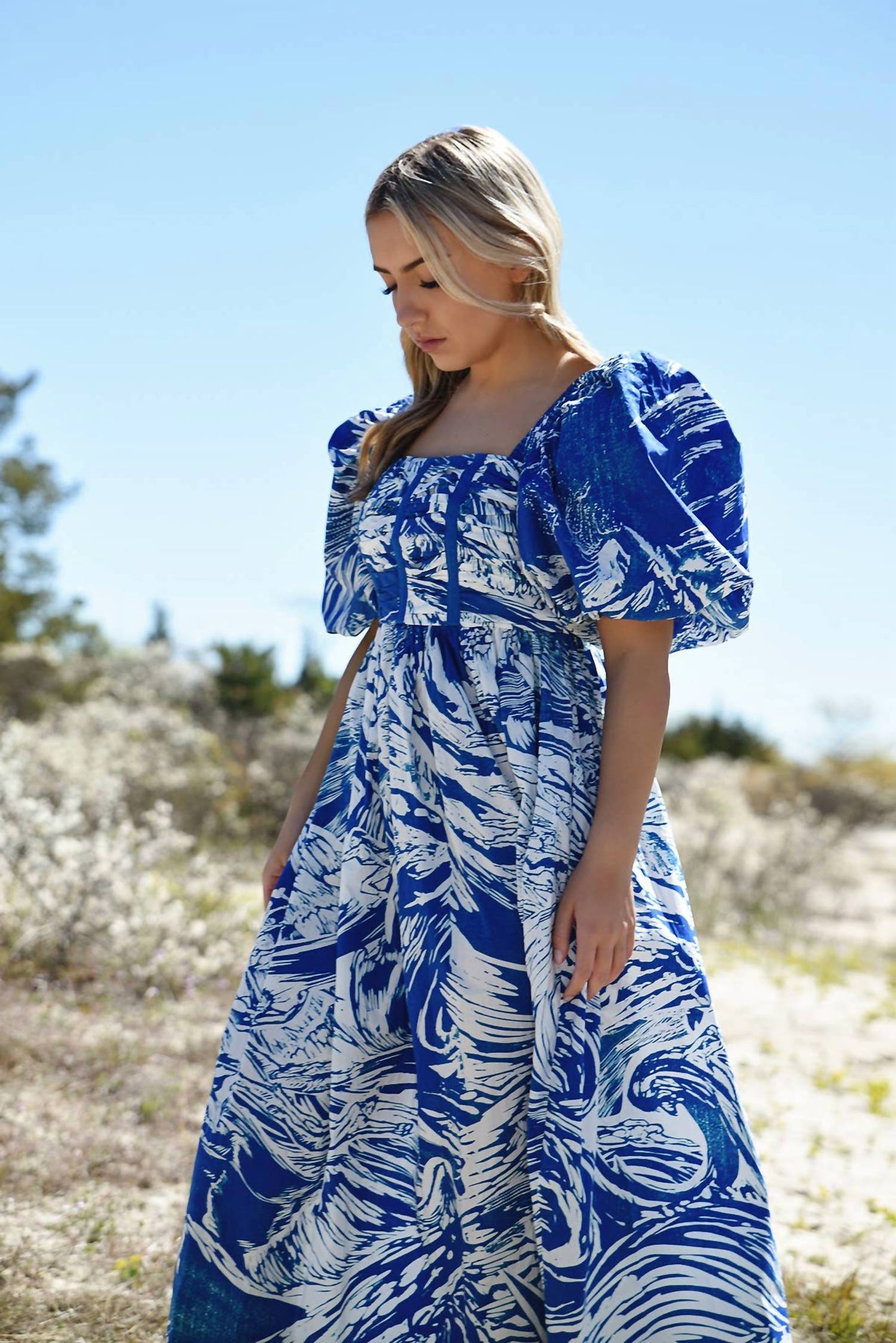 Printmaking Square-neck Cotton Midi Dress