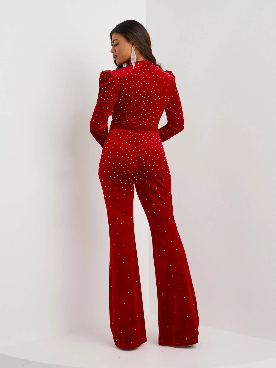 Beaded Velvet Long Sleeve Jumpsuit