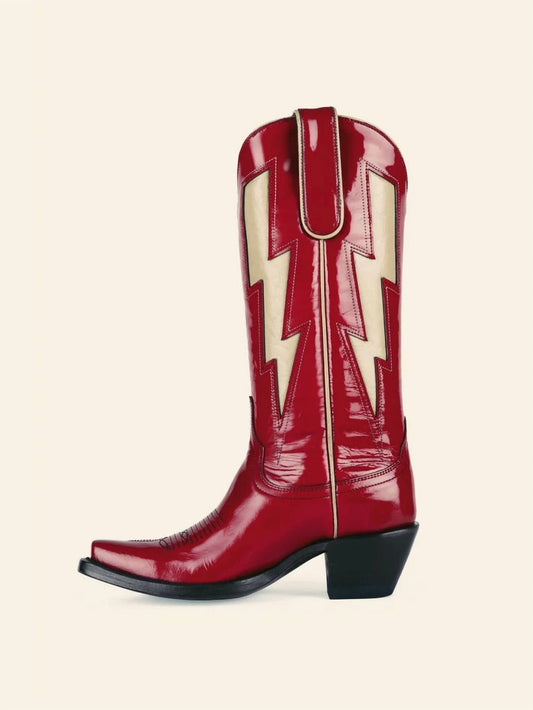 Women's Stitch Snip-toe Mid Calf Cowgirl Boots With Lightning Inlay