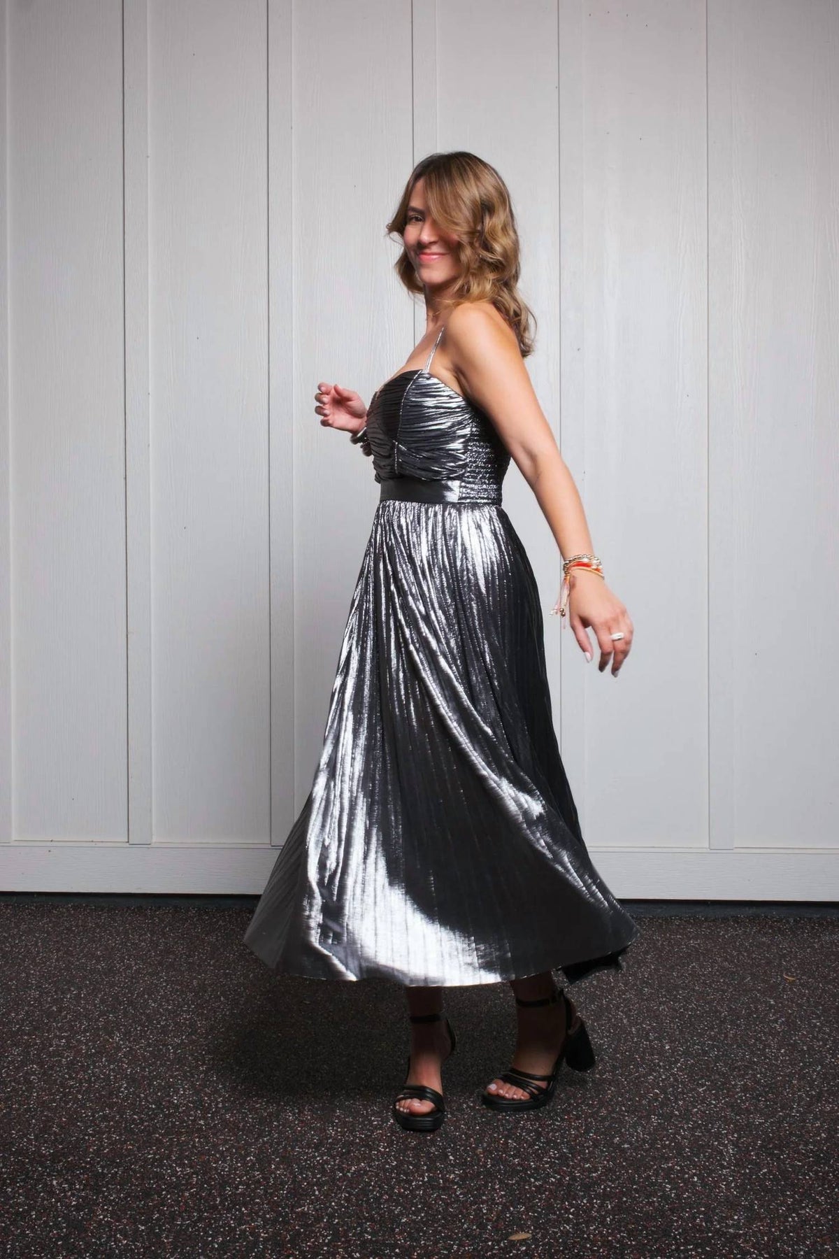 Foiled Pleated Mid Dress
