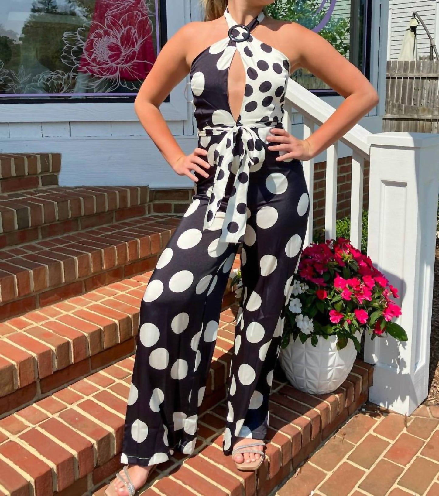 O-ring Halter Neck Polka Dot Jumpsuit