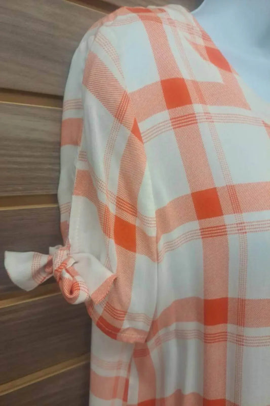 Moci - Women's Tied Short Sleeve Plaid Linen Blouse - Rack Hunt