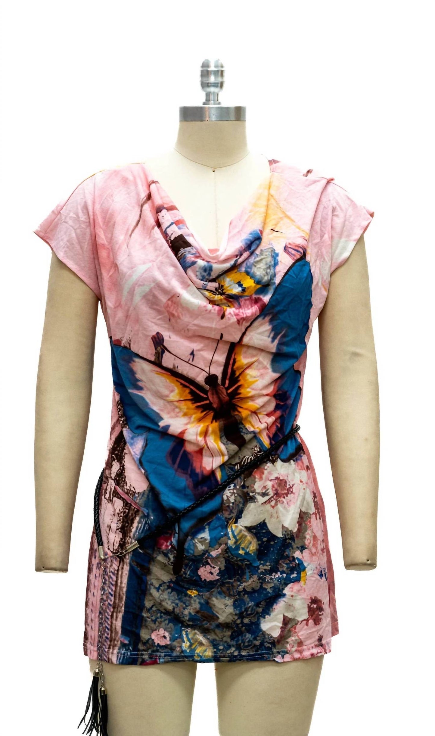 Women's Belted Cowl Neck Tunic Top
