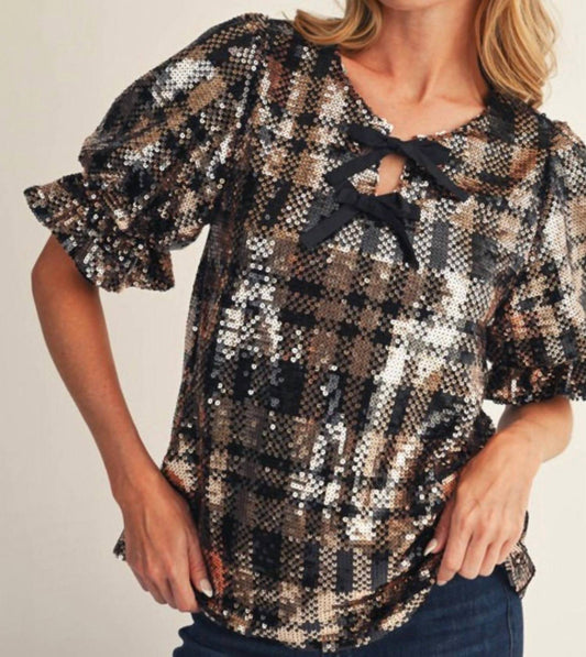 Dancing At Dawn Plaid Sequin Blouse