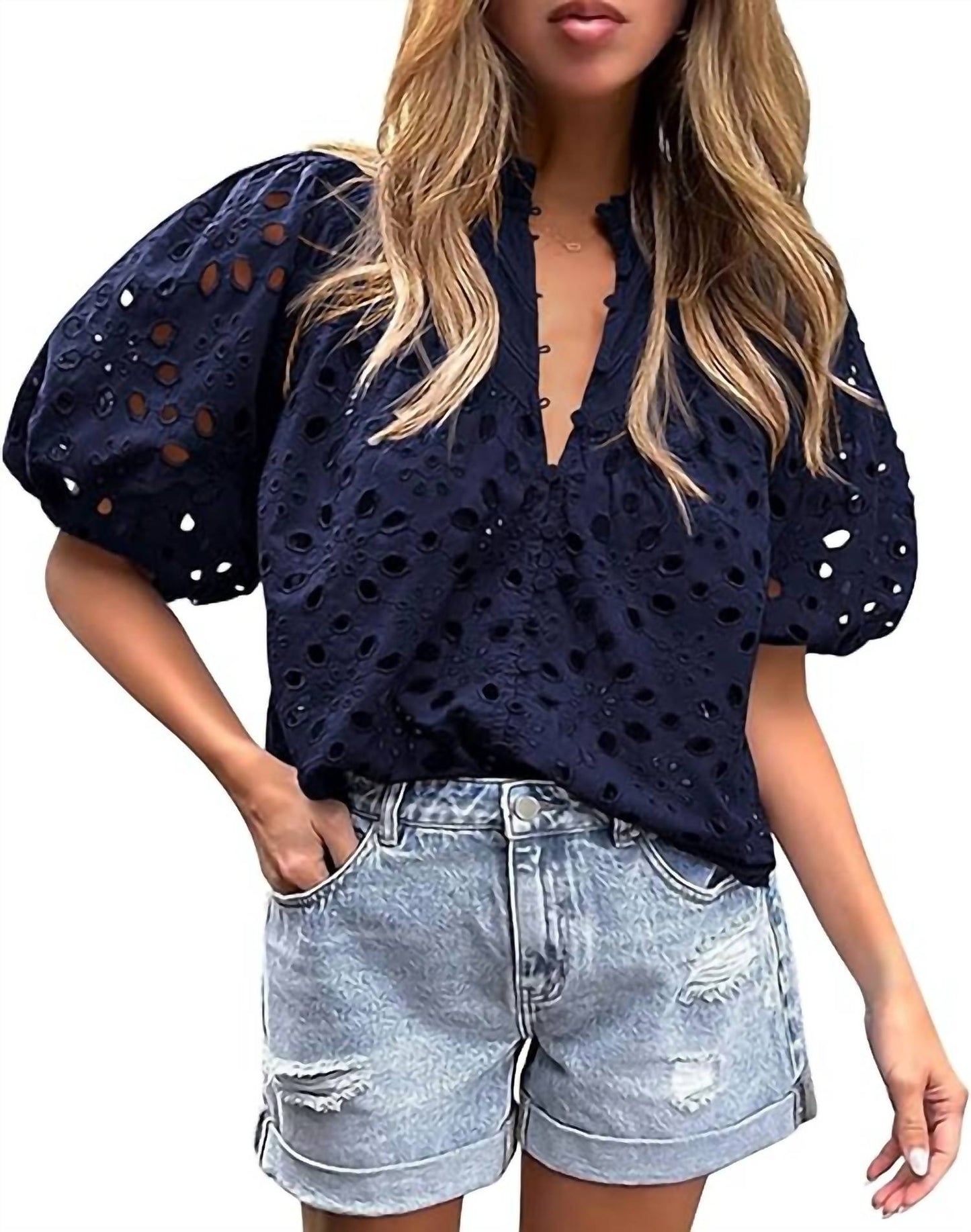 Molly Hollow Out Lantern Sleeve Top