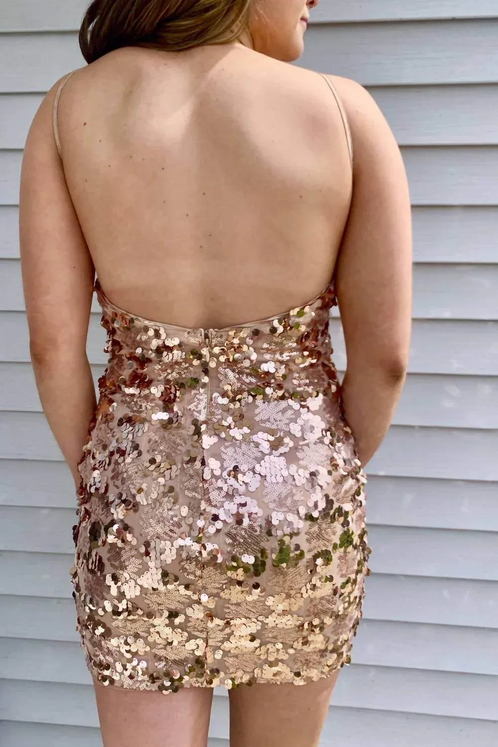 Alythea - Rose Gold Sequin Cowl Neck Mini Dress - Rack Hunt