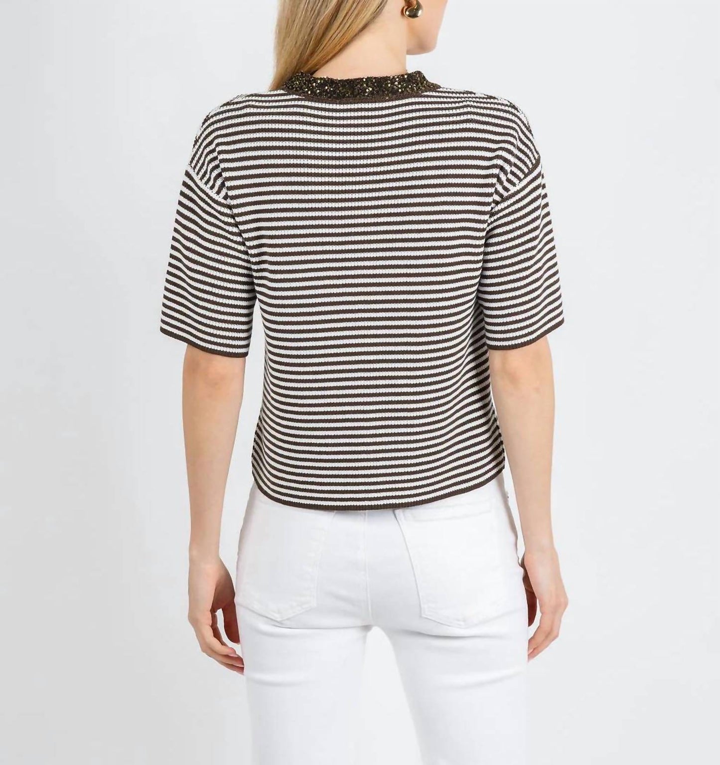 Sequin Neck Stripe Knit Sweater