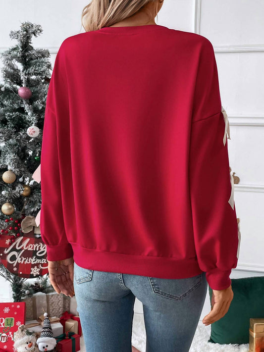 Solid Color Round Neck Bow Embellish Lace Pullover Sweatshirt