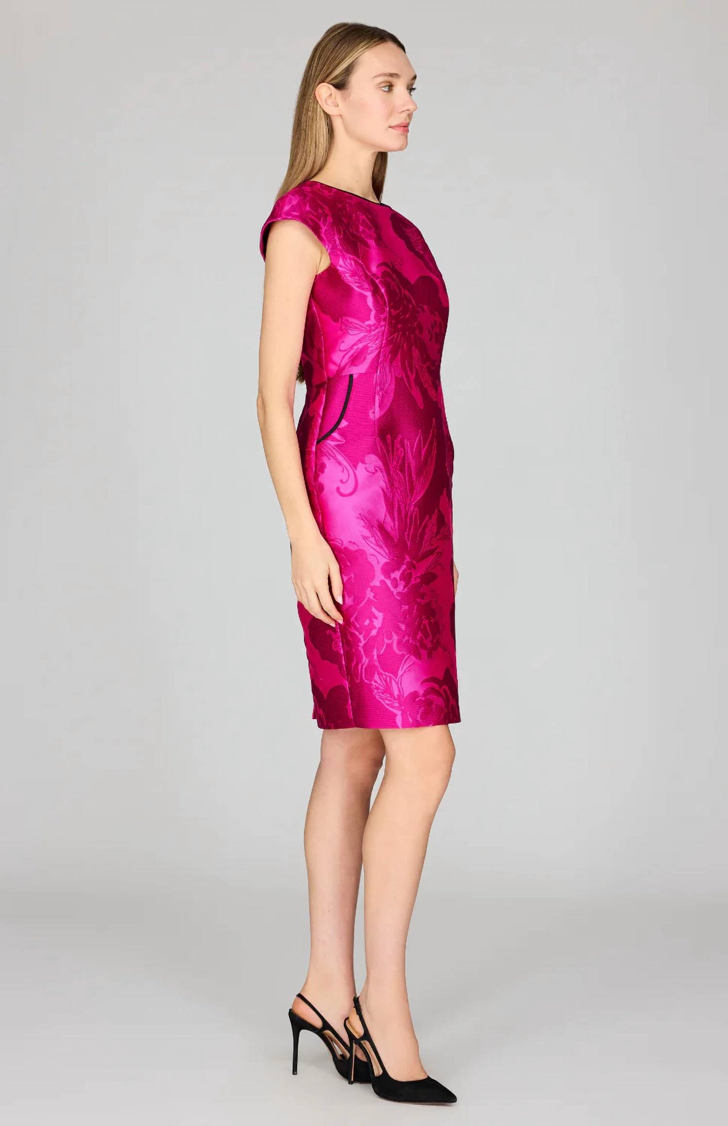 Tonal Floral Jacquard Cap Sleeve Fitted Dress