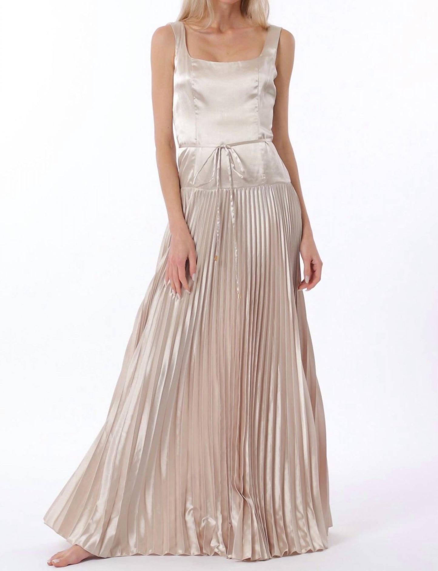 Sleeveless Tie Front Waisted Pleat Maxi Dress