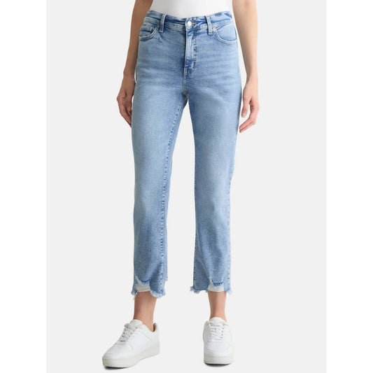 High Rise Straight Leg Destructed Hem Jeans