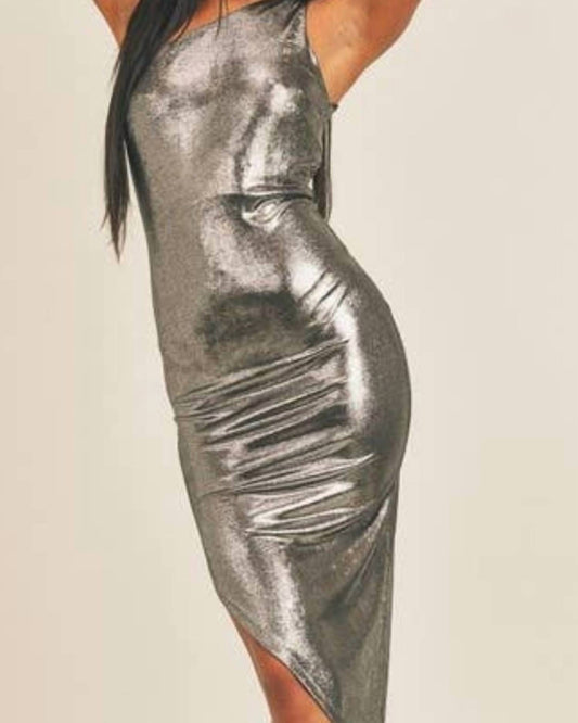 Black Pearl Clothing Women's Metallic One Shoulder Midi Dress in Silver - view 2