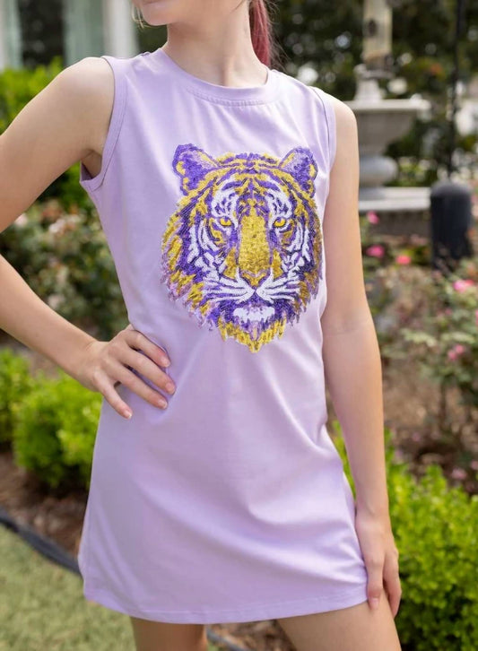 Blended Spirit Girl's Sequin Tiger Face Dress in Lavender - view 2