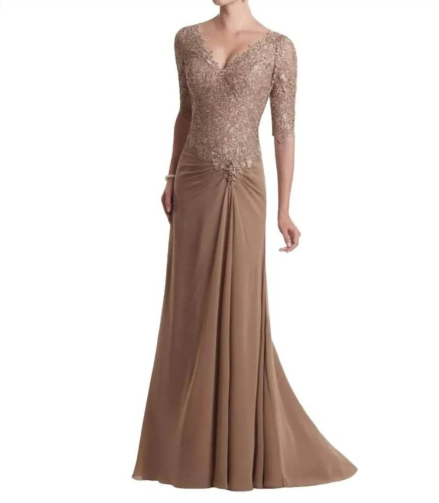 Social Occasions by Mon Cheri - Light Coffee Brocade Top Floor Length Gown - Rack Hunt