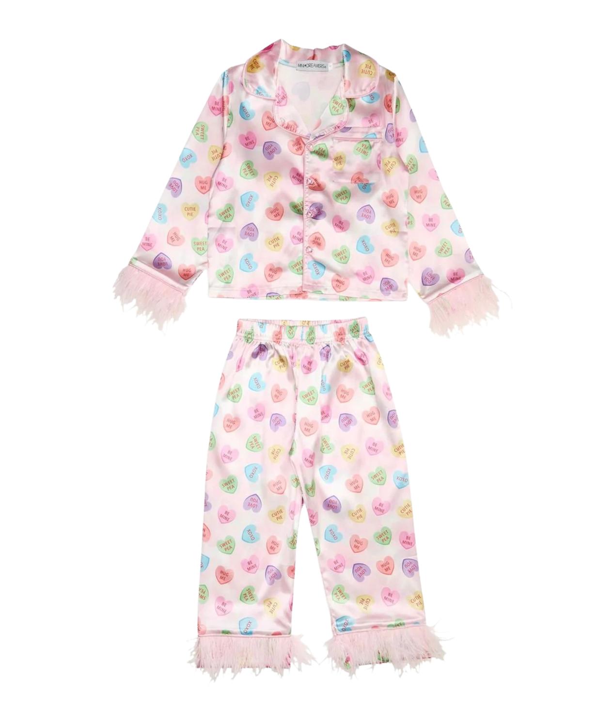 Girl's Sweetheart Feather Trim Silky Pajama Set