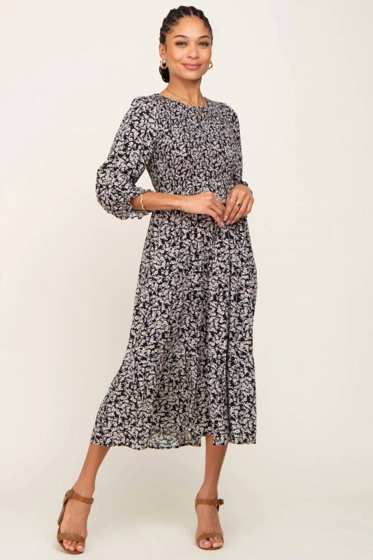 Vintage Floral Smocked Tiered Midi Dress with Pockets