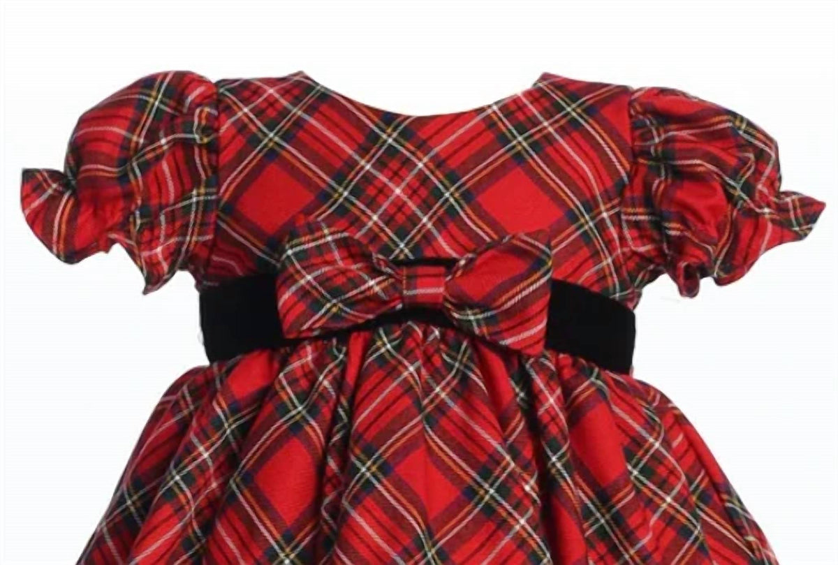 Girl's Short Sleeve Plaid On Hem Holiday Dress