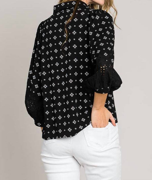 Bracelet Sleeve with Embroidered Eyelet Lace Trim Blouse