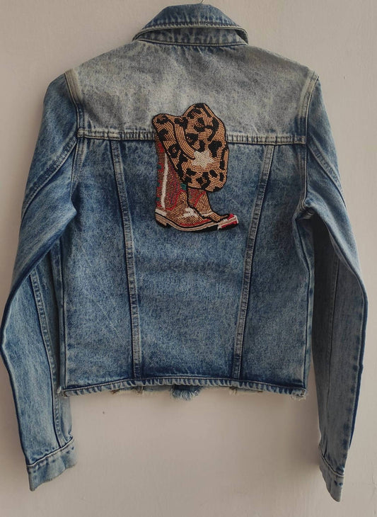Women's Cowboy Boots And Hat Cropped Denim Jacket