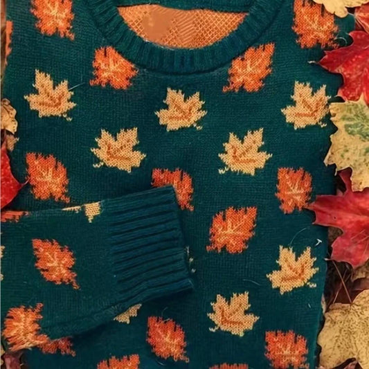 Women's Autumn Leaf Print Crew Neck Sweater