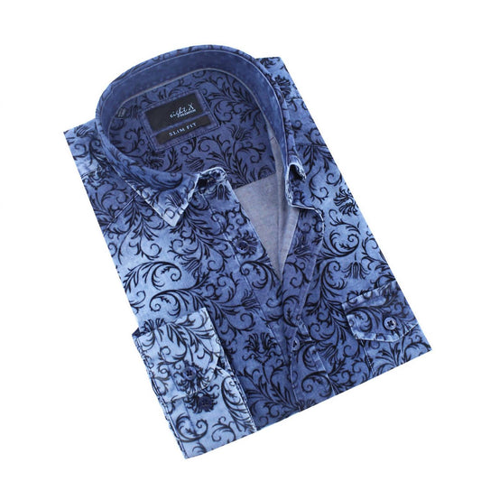 Denim Button Down Shirt With Baroque Print Flocking
