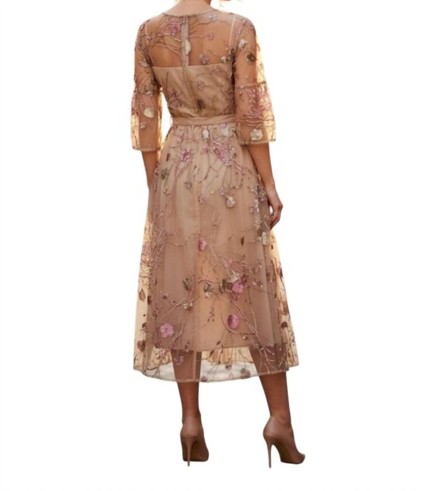 Embroidered Prairie Sleeve Sheer Midi Dress