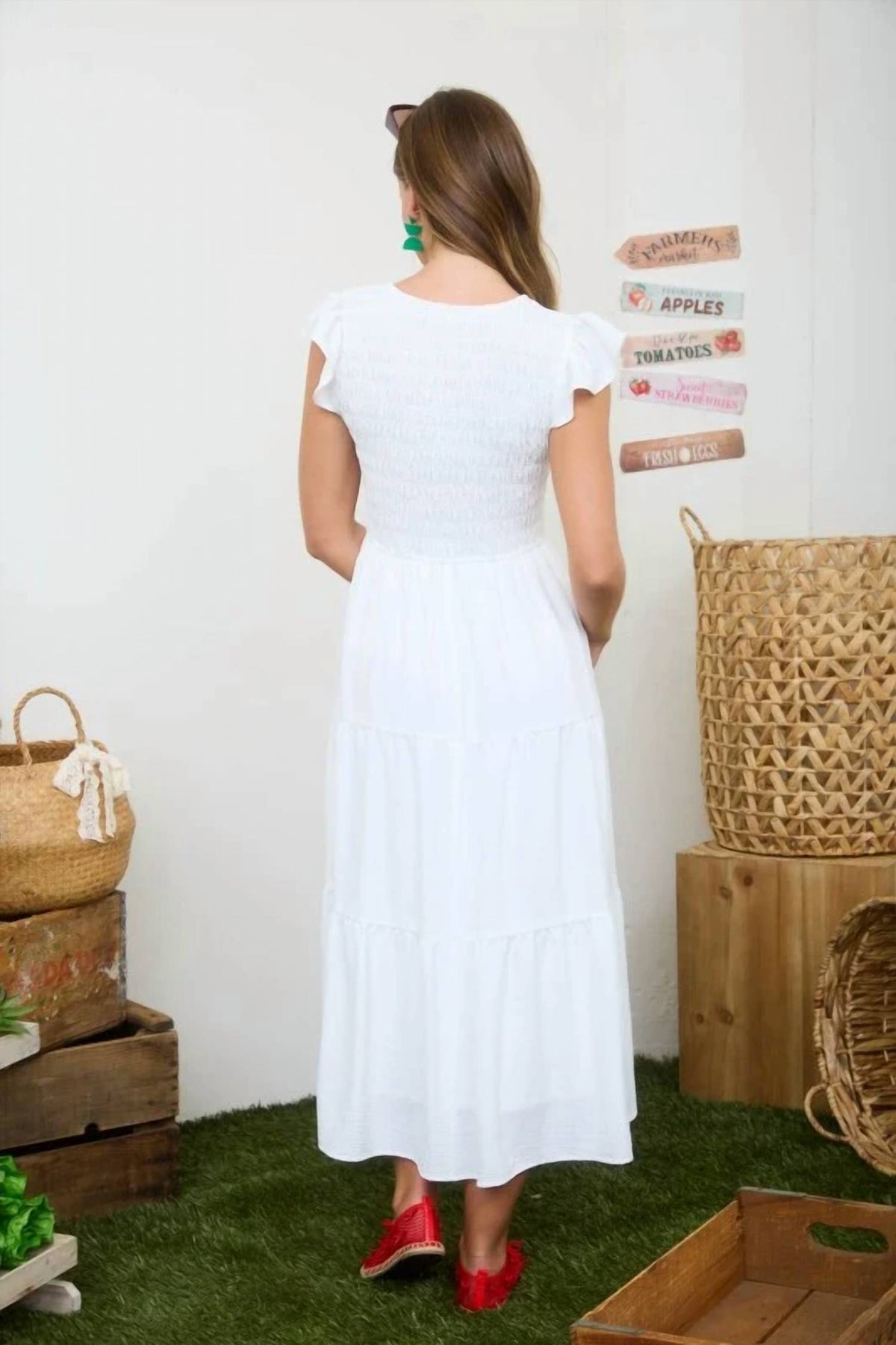 Flutter Sleeve V-neck Smocked Midi Dress