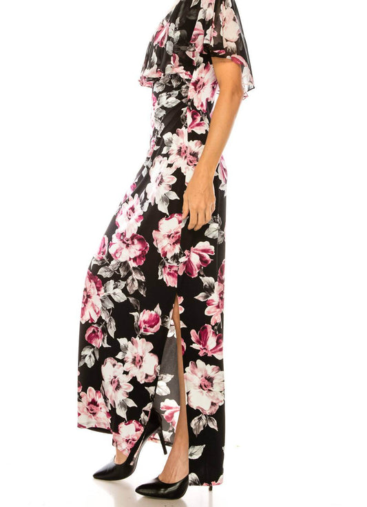 Connected Apparel - Floral Print Chiffon Cape Maxi Dress - Rack Hunt -