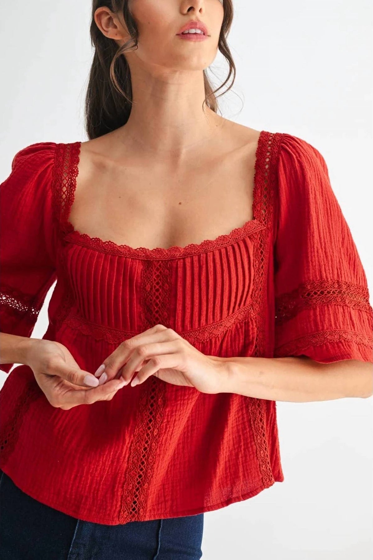 Ana Lace Trimmed Tie Detail Top