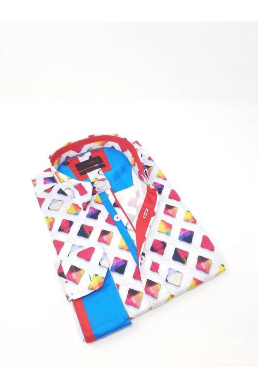 Color Grid Button Down Shirt With Trim