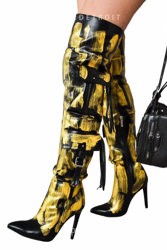 Women's Detroit Faux Leather Cargo Closed Toe Thigh High Boots