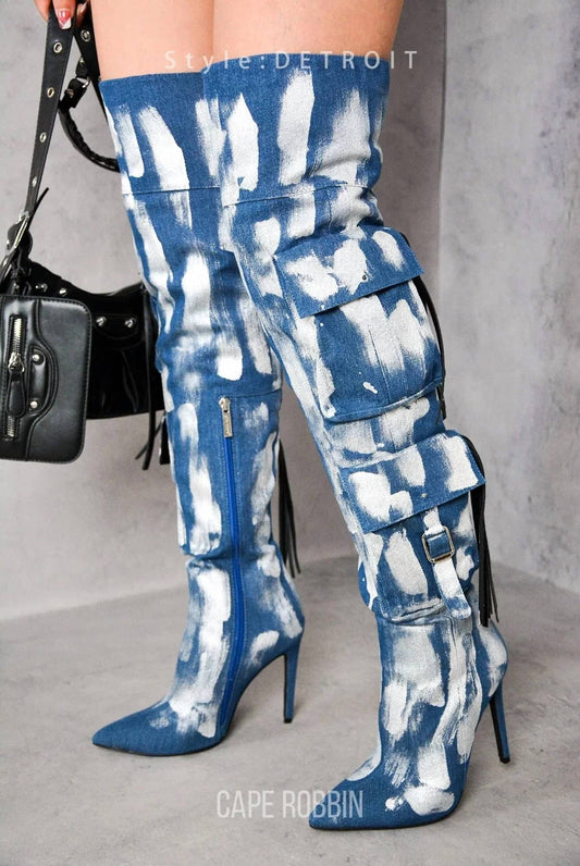 Women's Detroit Faux Leather Cargo Closed Toe Thigh High Boots