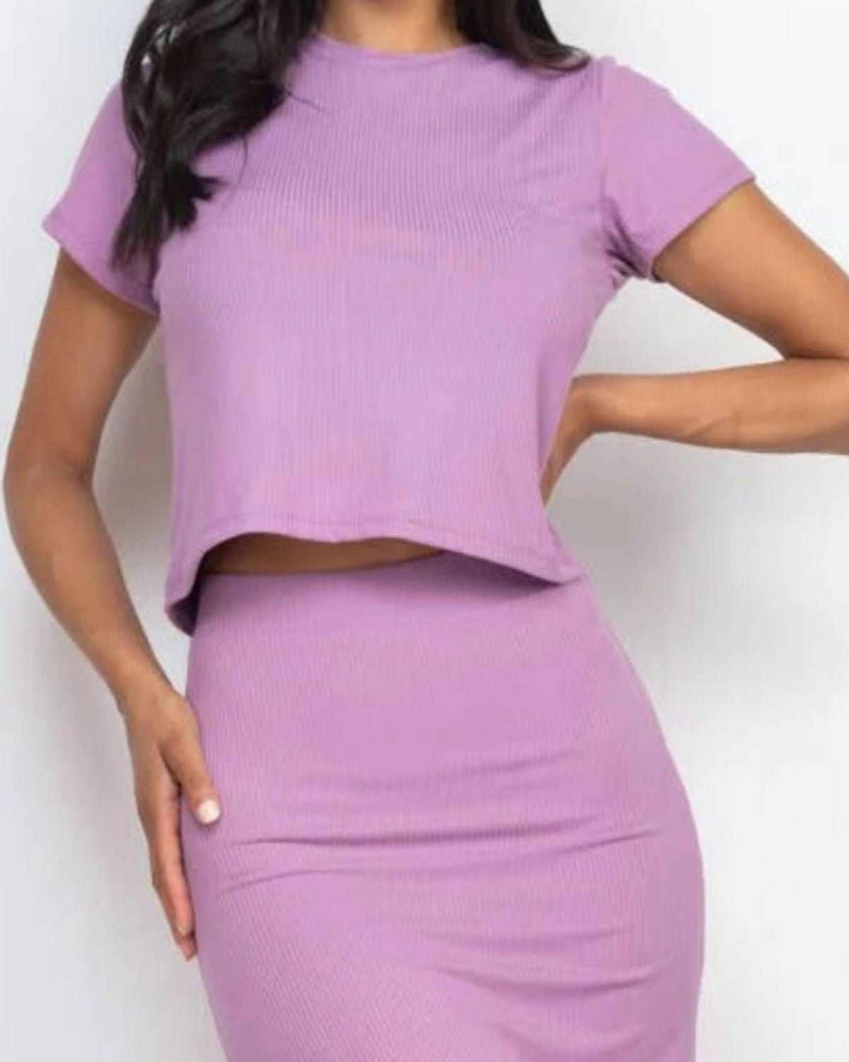Ribbed Solid Top And Midi Skirt Set