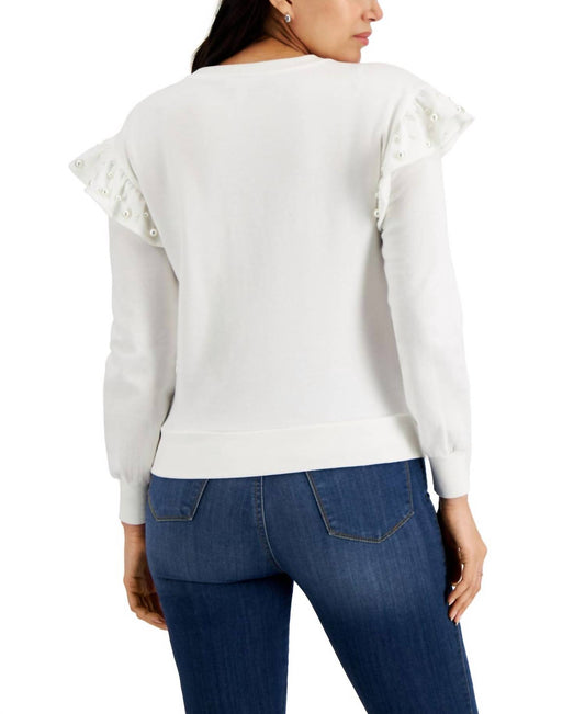 Faux-Pearl-Embellished Ruffled-Shoulder Top