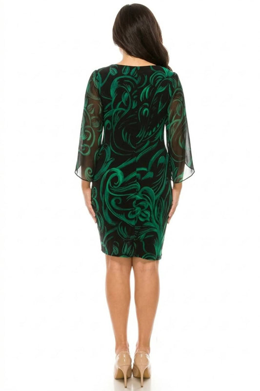 Floral Sheath Midi Dress With Sheer Chiffon Cape Sleeves