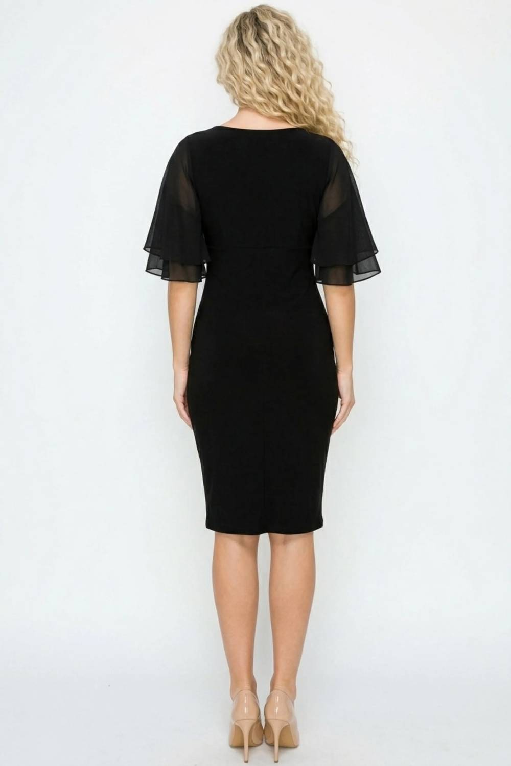 Side-ruched Sheath Midi Dress With Tiered Chiffon Flutter Sleeves