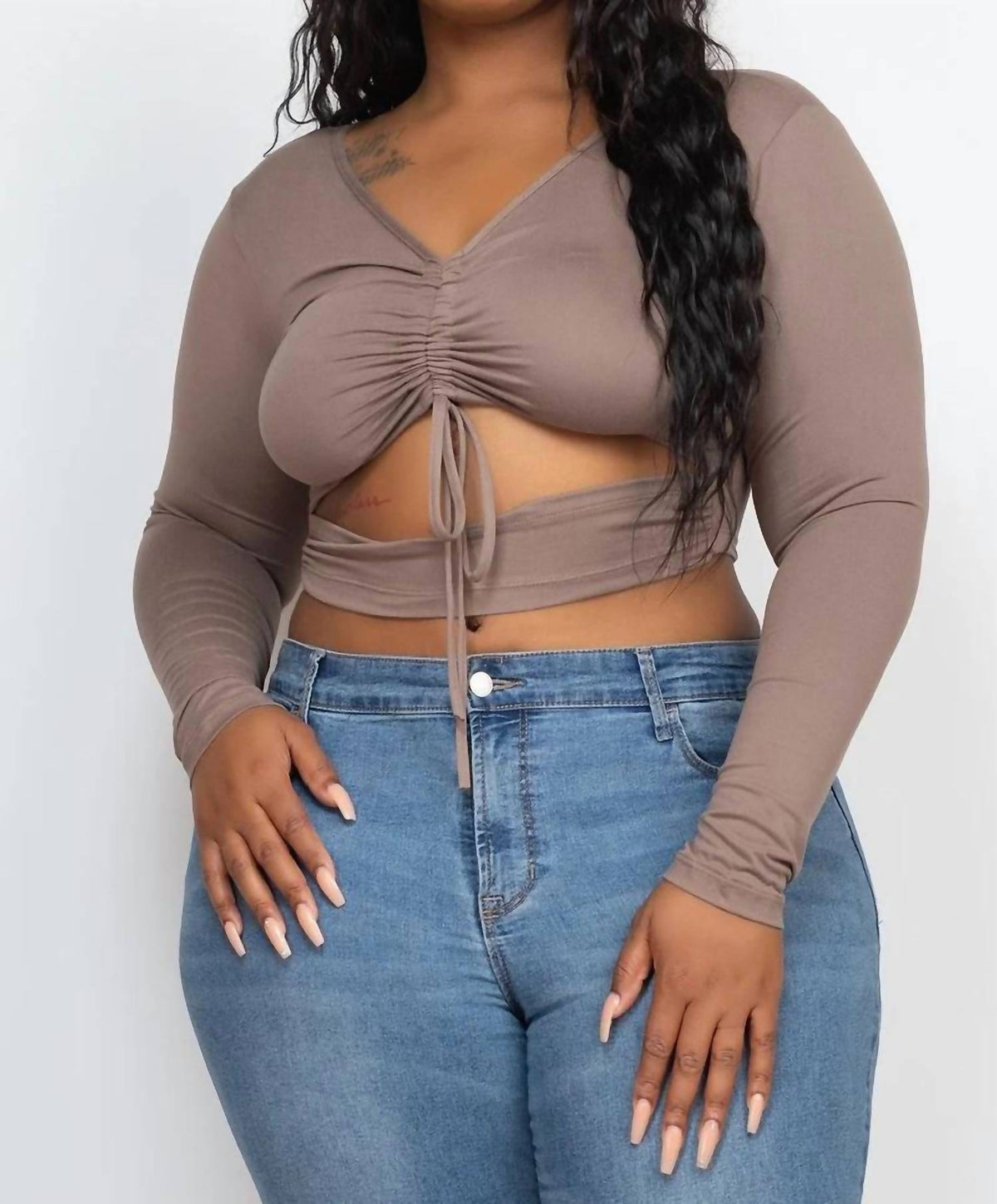 Drawstring Ruched Cutout Crop Top - Plus