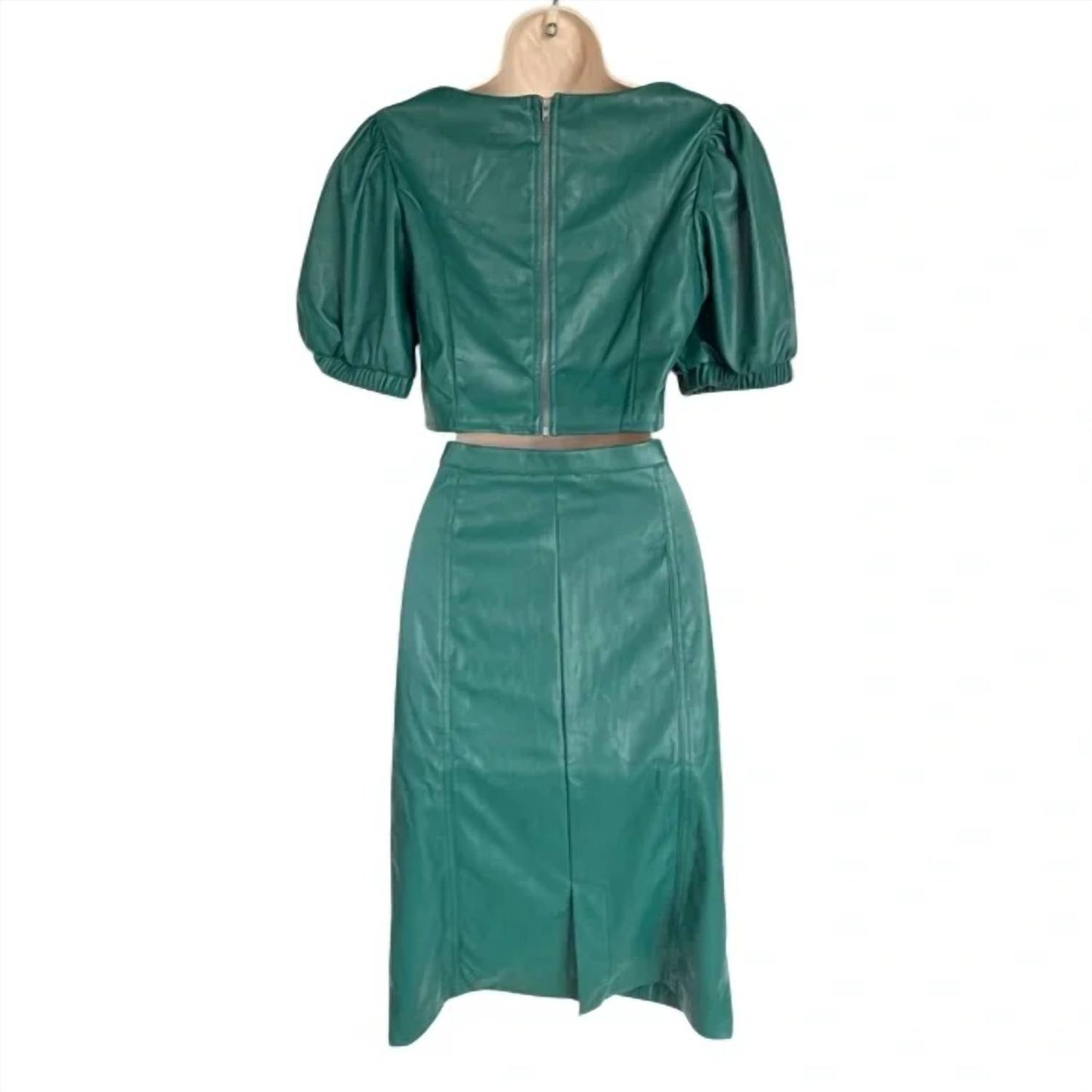 Women's Faux Leather Puff Sleeve Crop Top & Midi Skirt Set