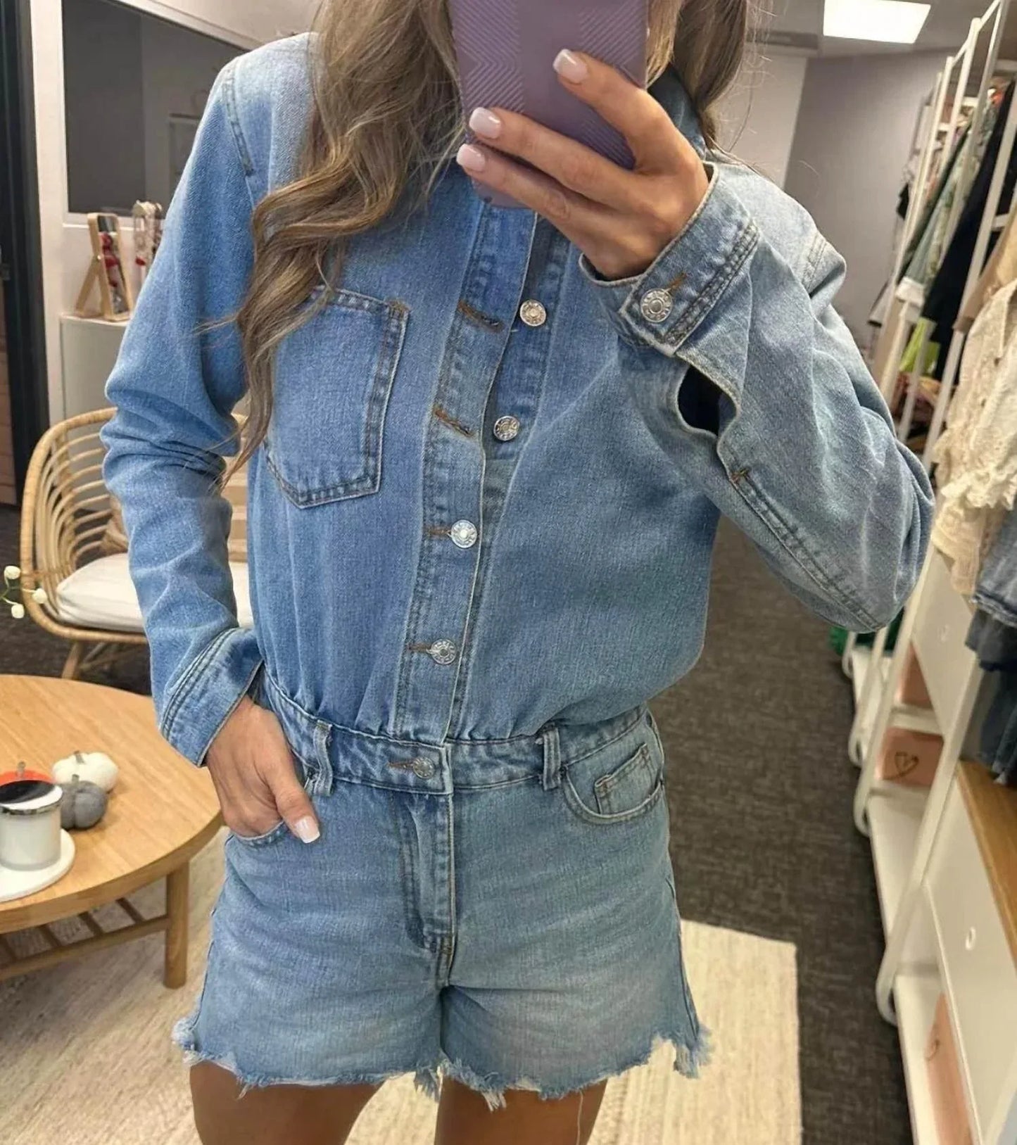 Moda Borboleta - Long Sleeve Denim Romper - Rack Hunt